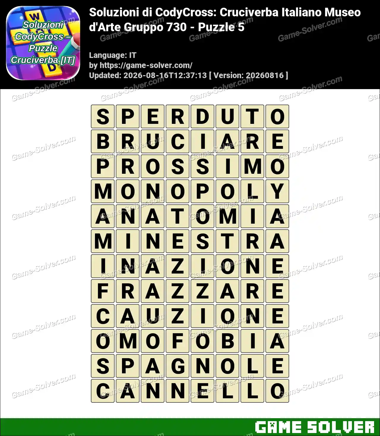Soluzioni di CodyCross: Cruciverba Italiano Museo d’Arte Gruppo 730 – Puzzle 5